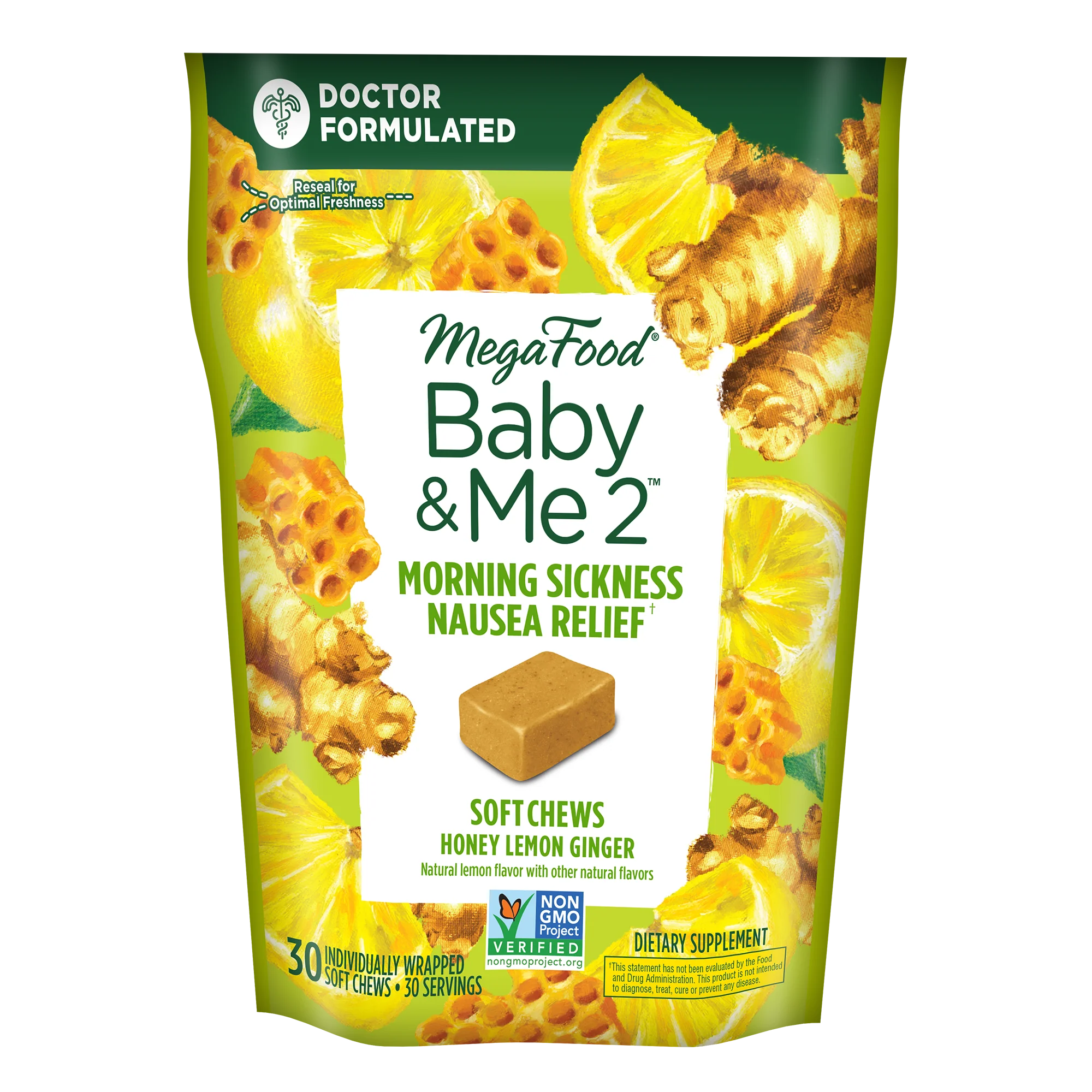 Baby & Me 2 Morning Sickness Nausea Relief Soft Chews - Honey Lemon Ginger Flavor - Mineral Supplement, 30 Day / 30ct / MegaFood - Food Based Vitamins & Supplements
