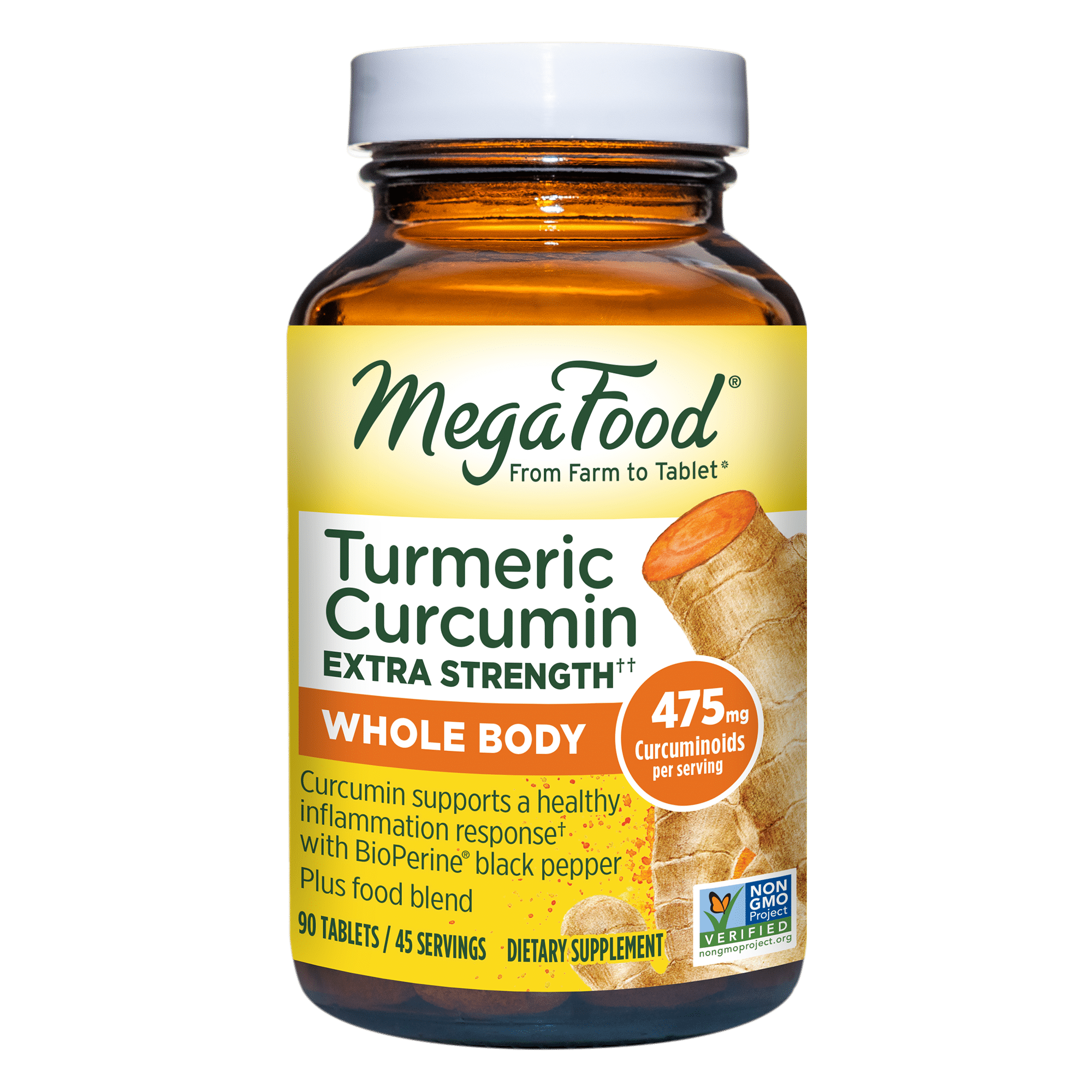 Turmeric Curcumin Extra Strength, Whole Body - Food & Herbal Formula, 45 Day / 90ct / MegaFood - Food Based Vitamins & Supplements