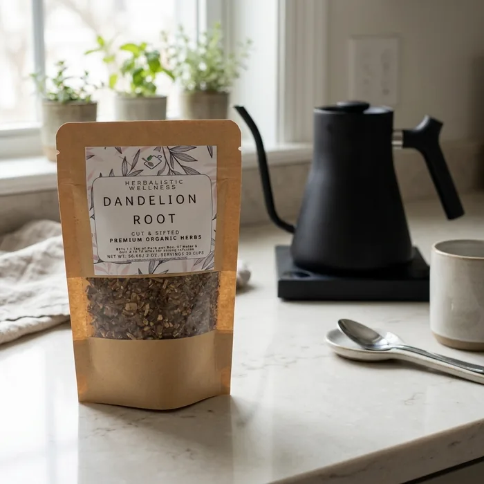 Roasted Dandelion Root in herbal pouch