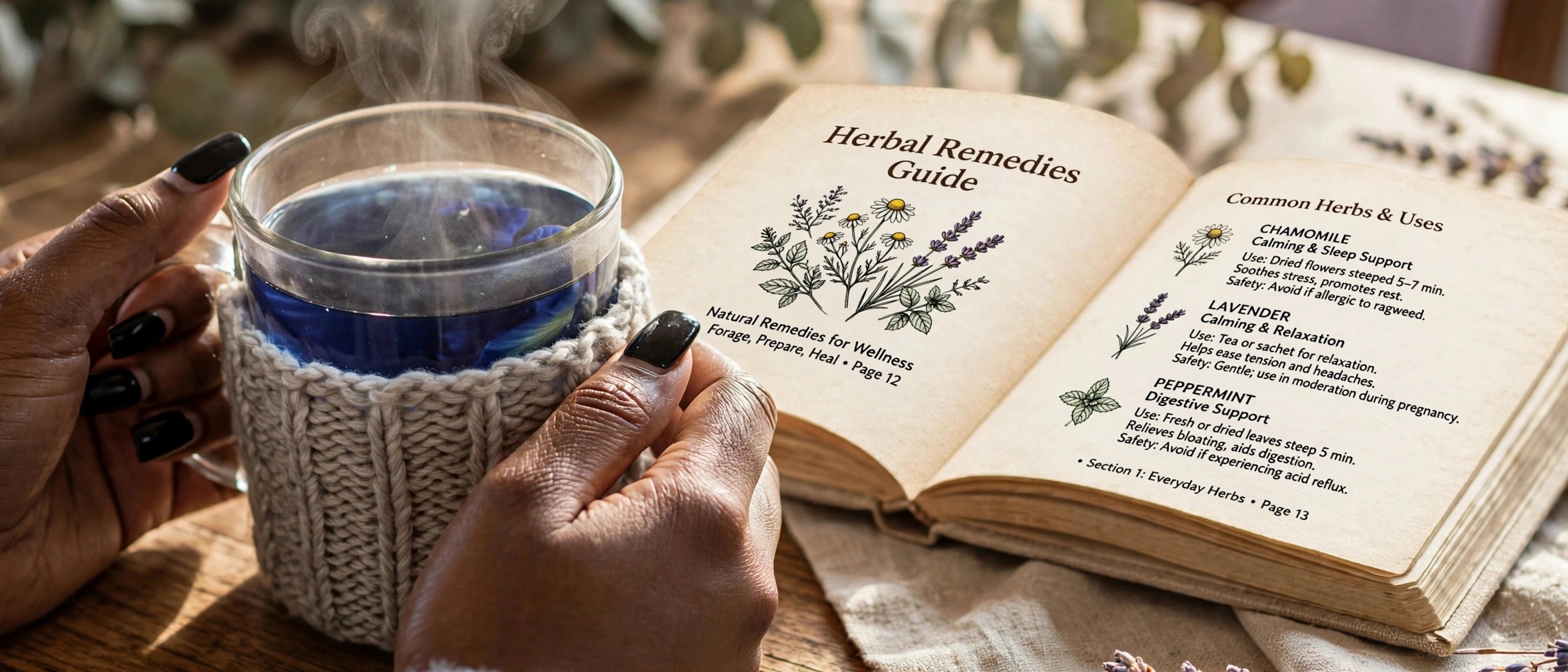Artisan herbalist workbench with freshly steeped tea and organic botanicals